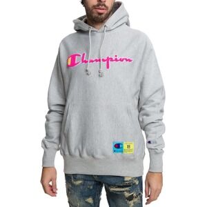 Champion Reverse Weave Hoodie Grey Spell Out Logo Graphic Sweatshirt Mens XS